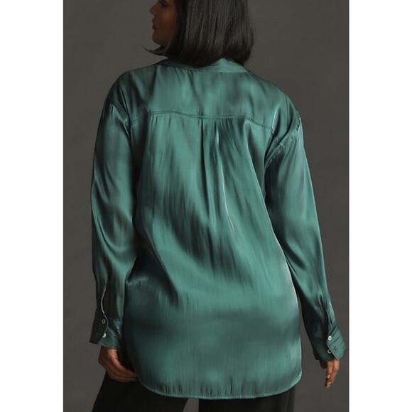 Anthropologie Silky Iridescent Button Up Green Long Sleeve Shirt Plus 3X - Picture 3 of 14